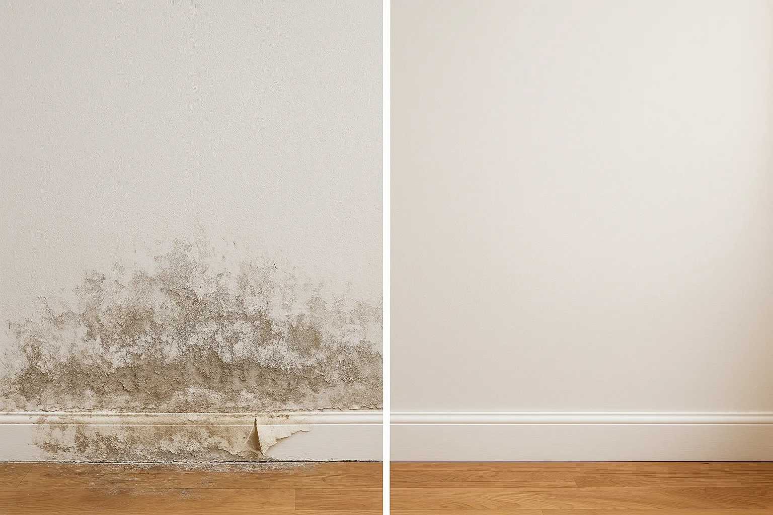 Voor en na vochtbestrijding — droge muur naast vochtige muur